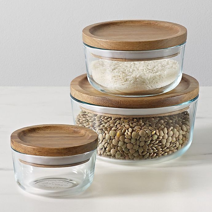 slide 4 of 6, Pyrex Glass with Wood Lids Storage Containers 6 ea, 6 ct