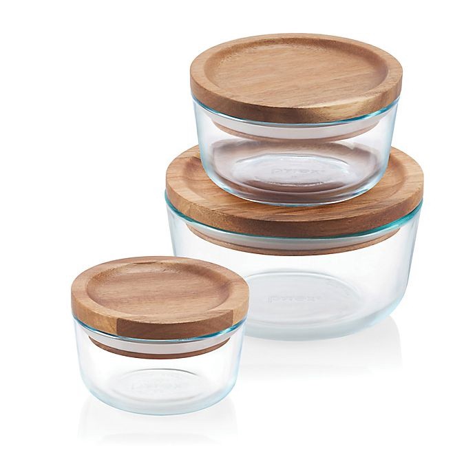 slide 5 of 6, Pyrex Glass with Wood Lids Storage Containers 6 ea, 6 ct