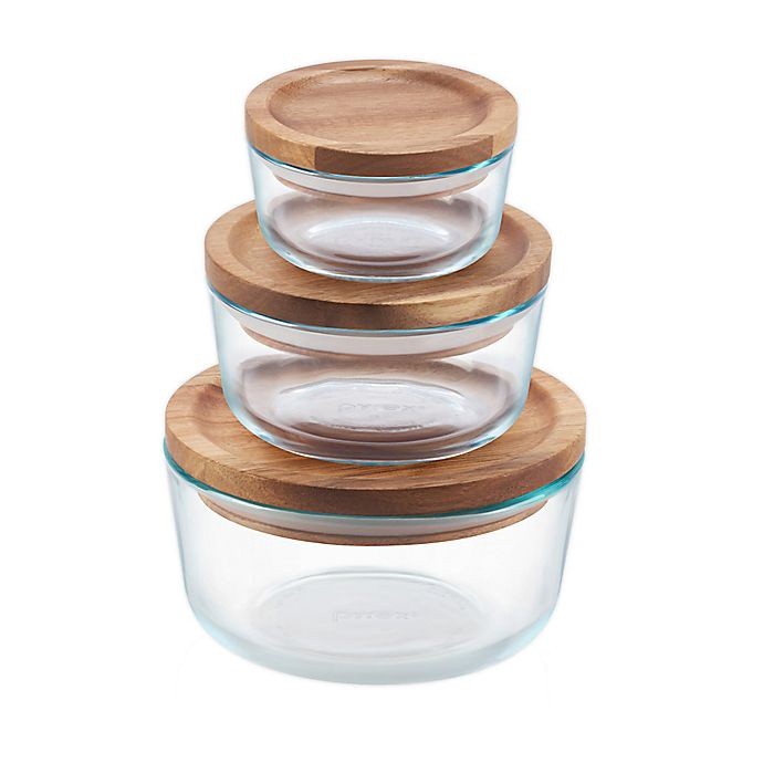 slide 1 of 6, Pyrex Glass with Wood Lids Storage Containers 6 ea, 6 ct