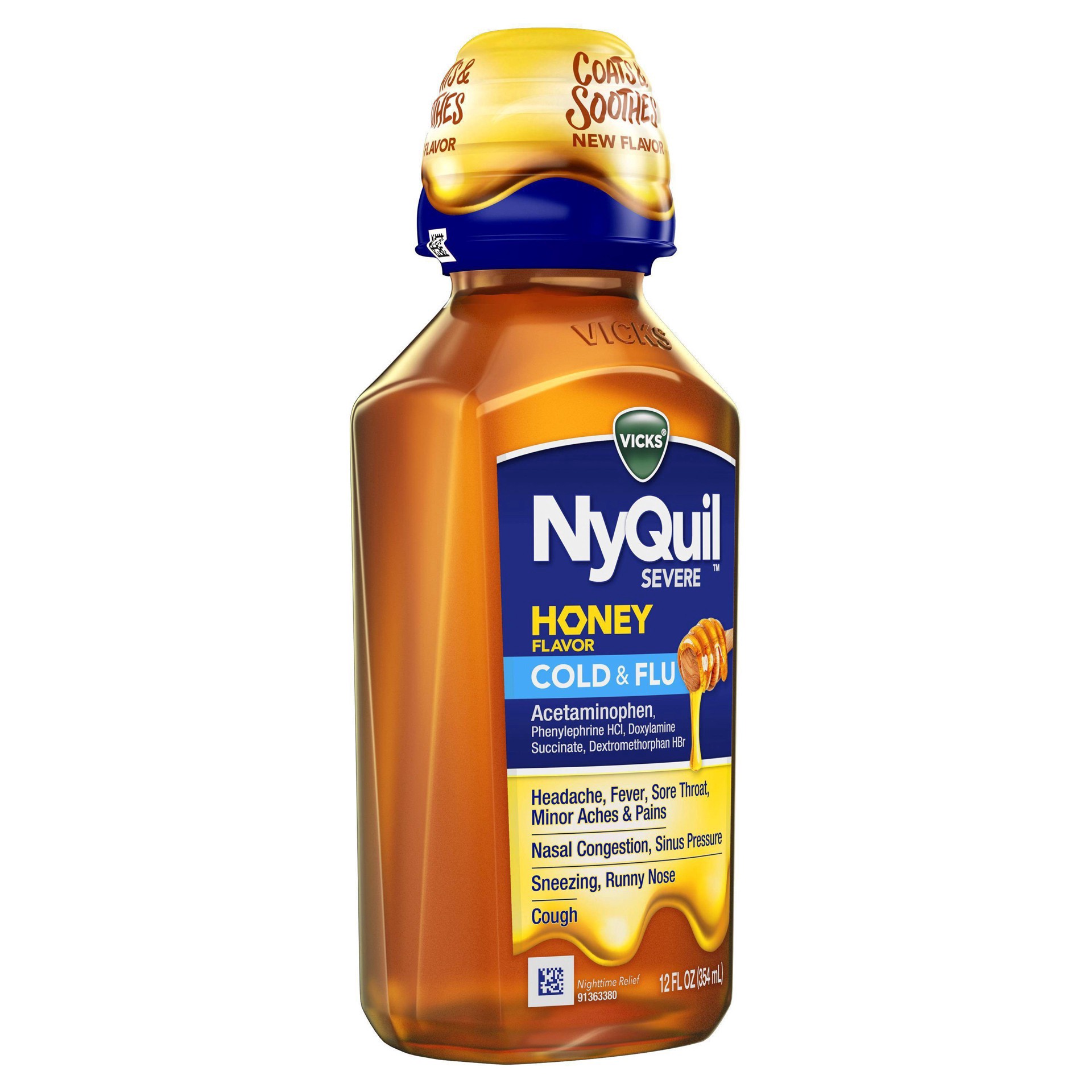 slide 3 of 9, Vicks NyQuil SEVERE Honey Flavored Cold & Flu Liquid Medicine, Maximum Strength 9-Symptom Nighttime Relief for Headache, Fever, Sore Throat, Minor Aches and Pains, Nasal Congestion, Sinus Pressure, Sneezing, Runny Nose and Cough, Honey Flavor, 12 FL OZ, 12 fl oz