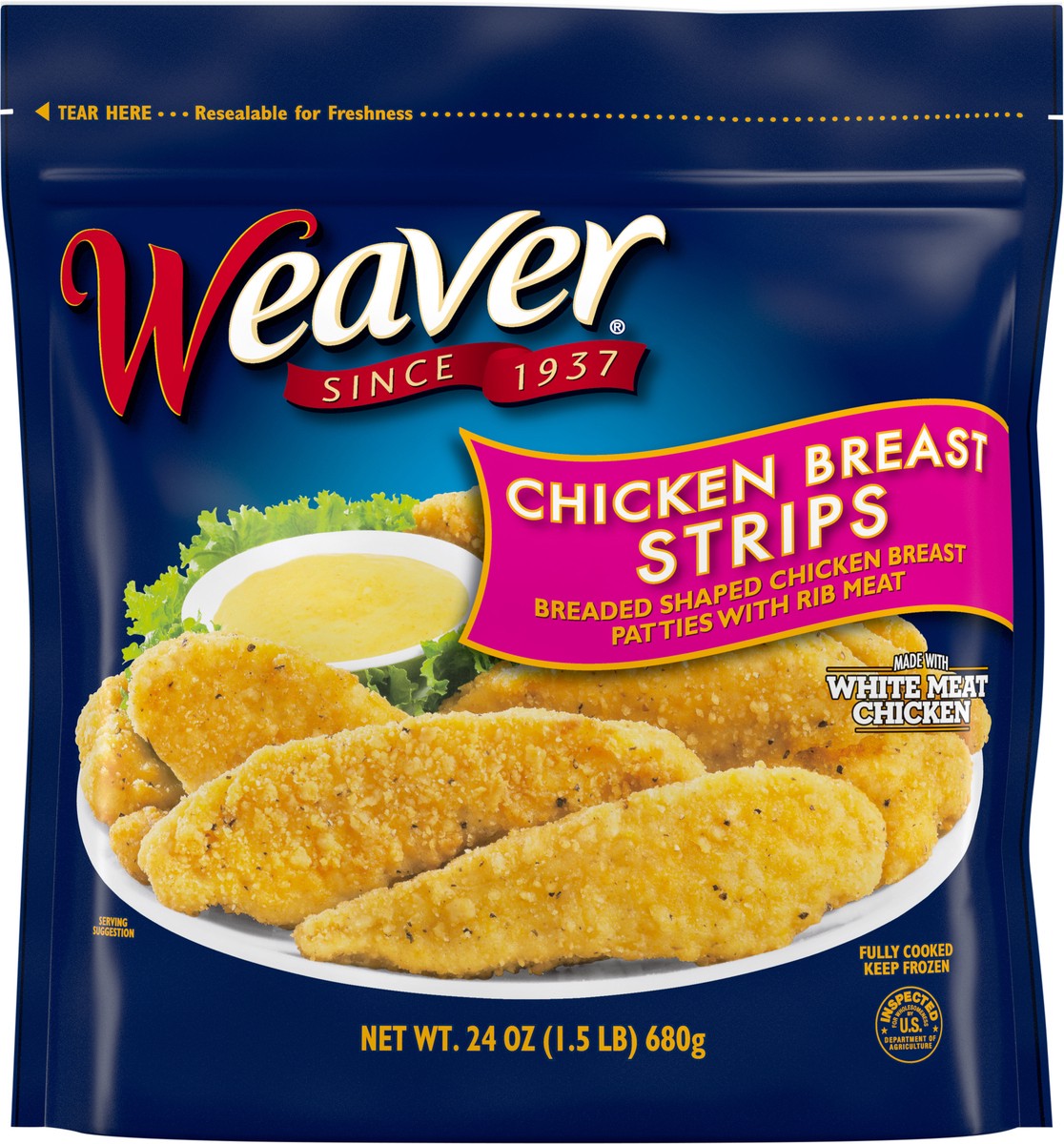 slide 6 of 9, Weaver Chicken Breast Strips, 1.5 lb. (Frozen), 680.39 g