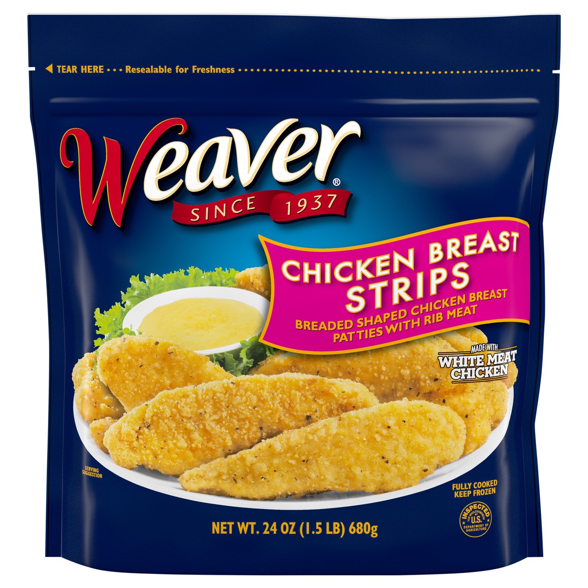 slide 9 of 9, Weaver Chicken Breast Strips, 1.5 lb. (Frozen), 680.39 g