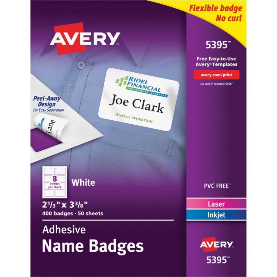 slide 3 of 6, Avery Flexible Name Badge Labels, White, 400 ct; 2 1/3 in x 3 3/8 in