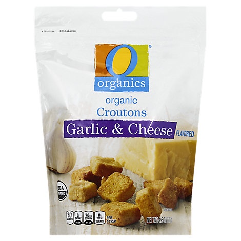 slide 1 of 1, O Organics Organic Croutons Garlic & Cheese Flavored, 4.5 oz