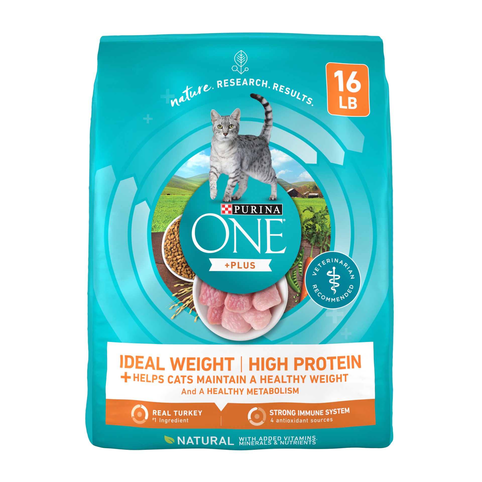 slide 1 of 8, ONE Purina ONE High Protein, Healthy Weight Dry Cat Food, +Plus Ideal Weight With Turkey, 16 lb