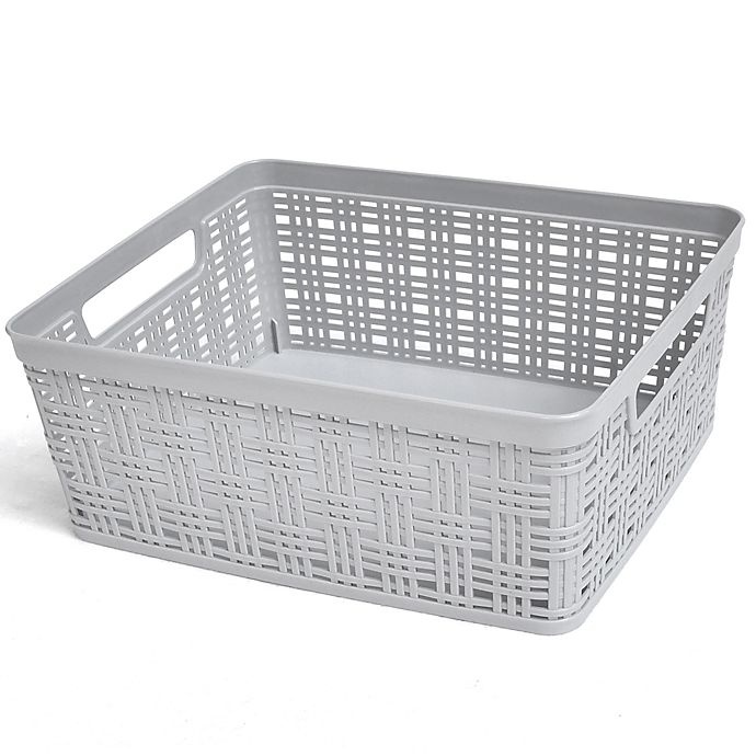 slide 1 of 1, Simply Essential Medium Plastic Wicker Storage Basket - Grey, 1 ct