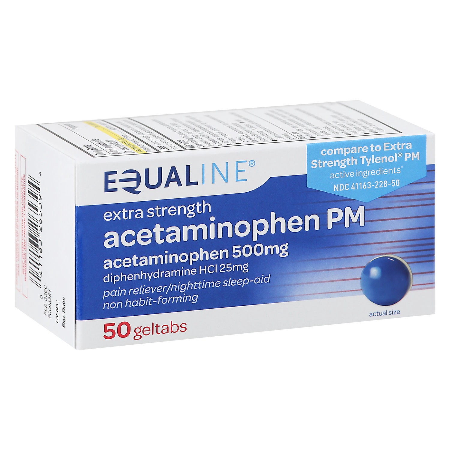 slide 1 of 1, Equaline Acetaminophen, Extra Strength, 500 mg, PM, Geltabs, 50 Each, 50 ct