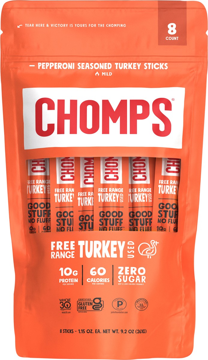 slide 4 of 6, Chomps Free Range Pepperoni Turkey 8 Pack, 1.15oz Sticks, 8 ct