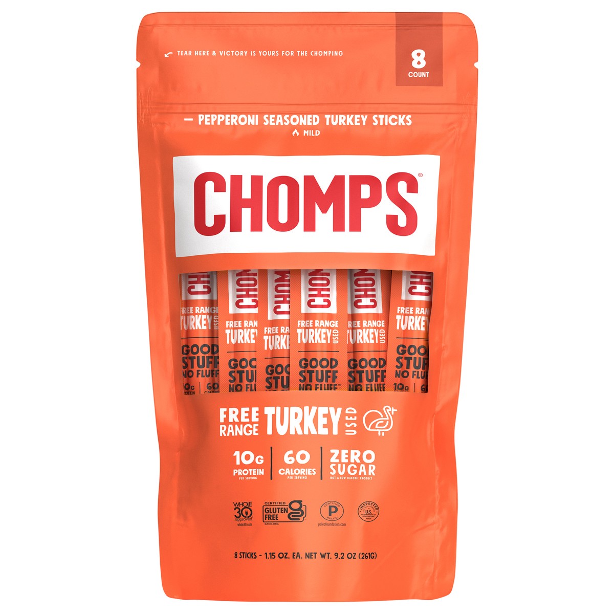 slide 2 of 6, Chomps Free Range Pepperoni Turkey 8 Pack, 1.15oz Sticks, 8 ct