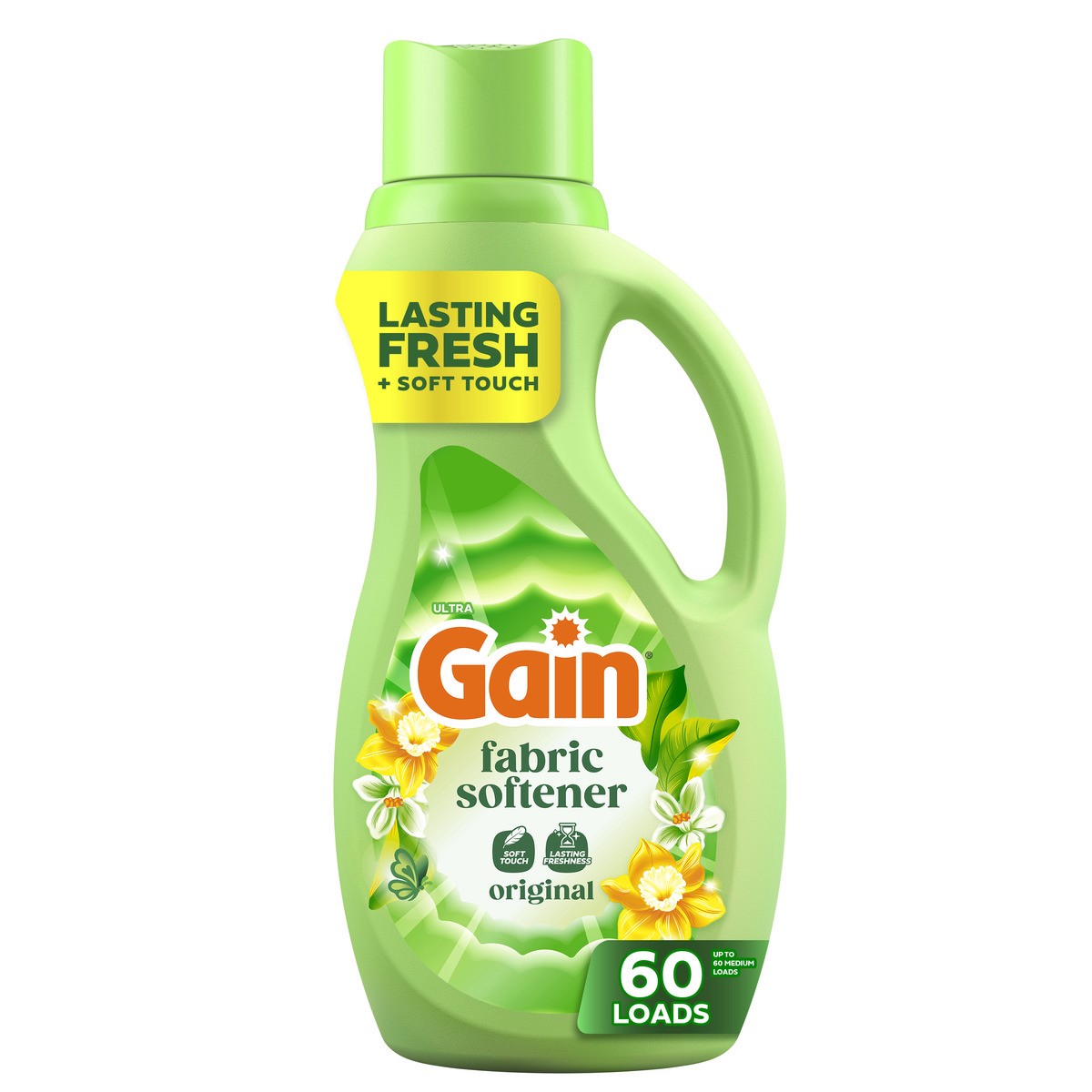 slide 1 of 10, Gain Liquid Fabric Softener, Original Scent, 44 FL OZ LIQ., 60 Loads, Smooth Touch - softness you can feel, 44 fl oz