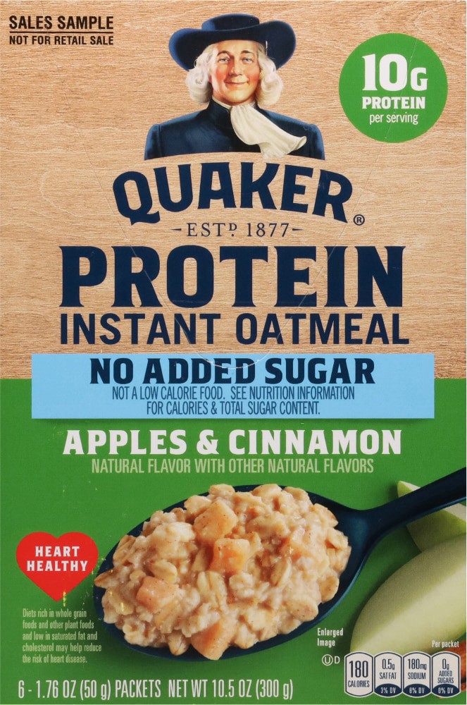 slide 3 of 5, Quaker Instant Oatmeal Protein No Added Sugar Apples & Cinnamon 10.5 Oz 6 Count, 6 ct