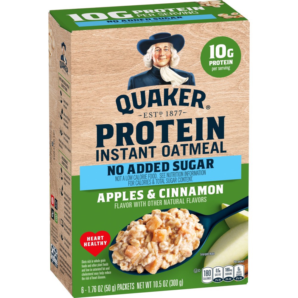 slide 1 of 5, Quaker Instant Oatmeal Protein No Added Sugar Apples & Cinnamon 10.5 Oz 6 Count, 6 ct