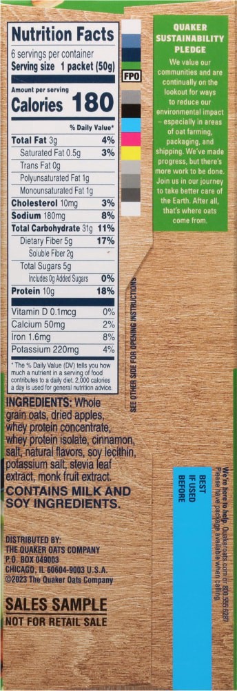 slide 4 of 5, Quaker Instant Oatmeal Protein No Added Sugar Apples & Cinnamon 10.5 Oz 6 Count, 6 ct