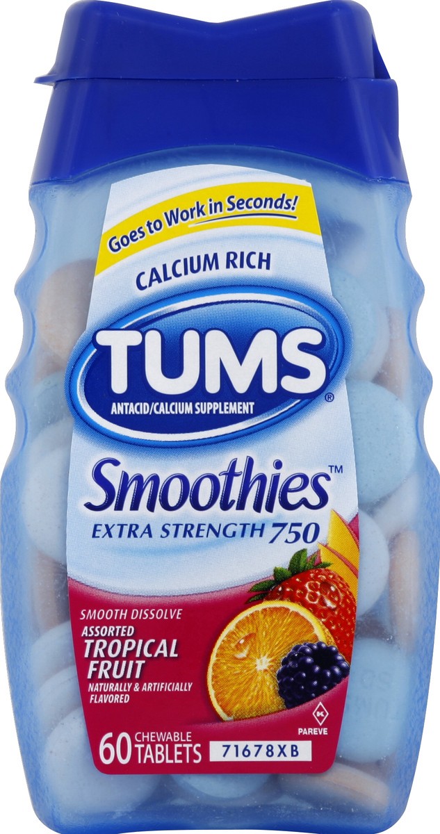 slide 2 of 3, Tums Smoothies Extra Strength 750 Tropical Fruit Antacid/Calcium Supplement Chewable Tablets, 60 ct