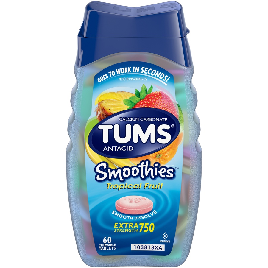 slide 1 of 3, Tums Smoothies Extra Strength 750 Tropical Fruit Antacid/Calcium Supplement Chewable Tablets, 60 ct