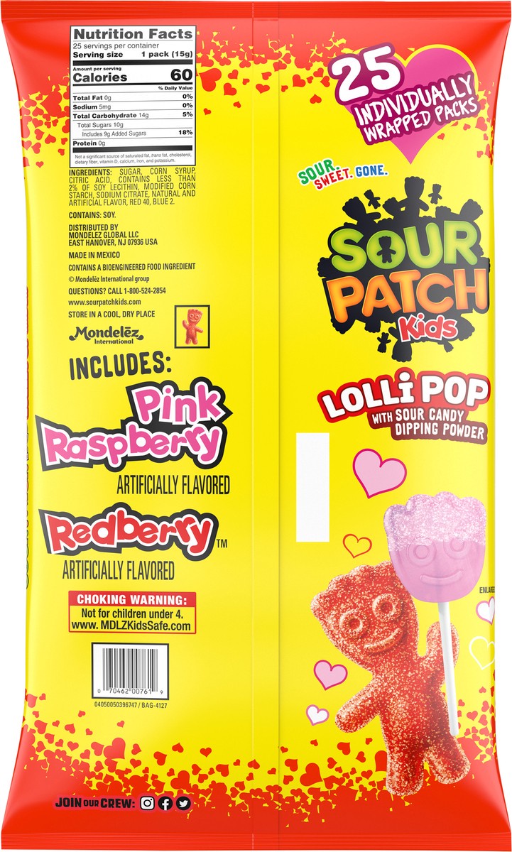 slide 2 of 9, SOUR PATCH KIDS Lollipop with Sour Candy Dipping Powder Valentines Day Candy, 25 Lollipops, 13.23 oz