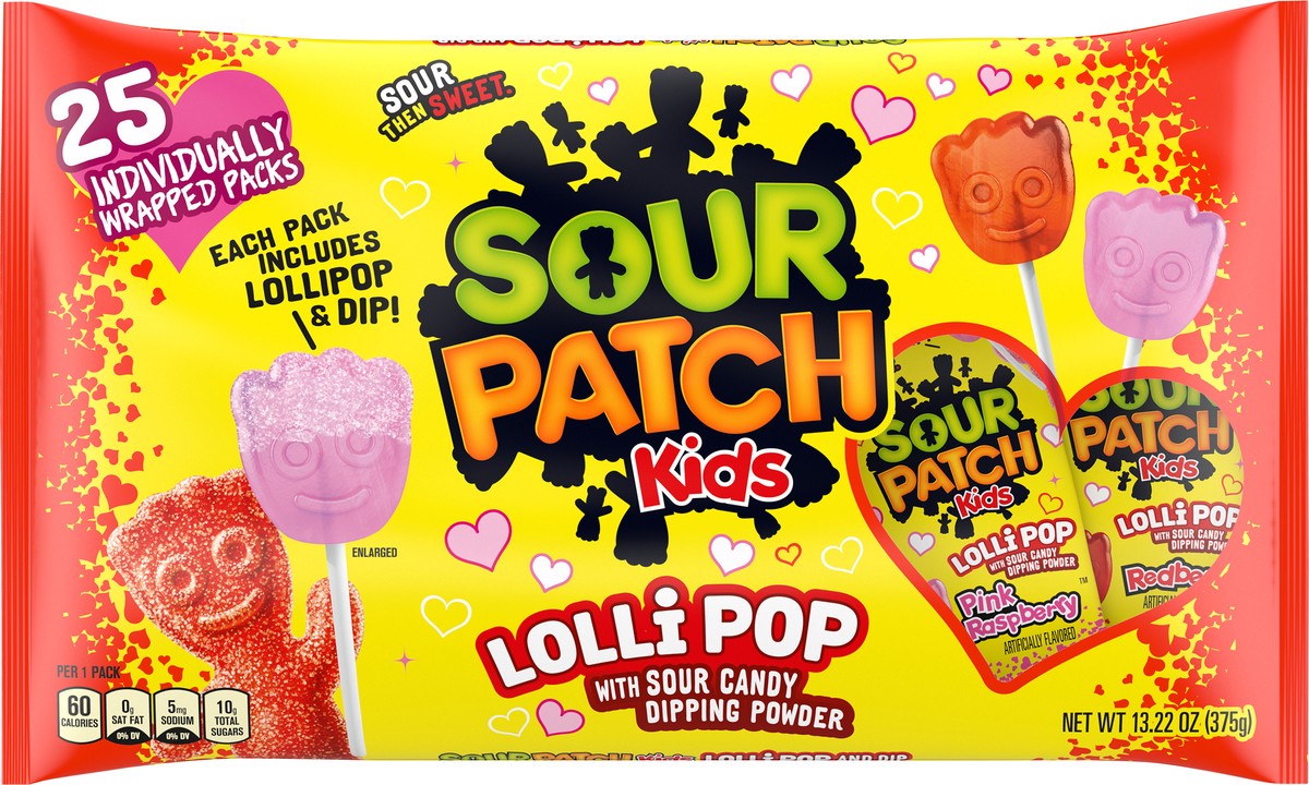 slide 5 of 9, SOUR PATCH KIDS Lollipop with Sour Candy Dipping Powder Valentines Day Candy, 25 Lollipops, 13.23 oz