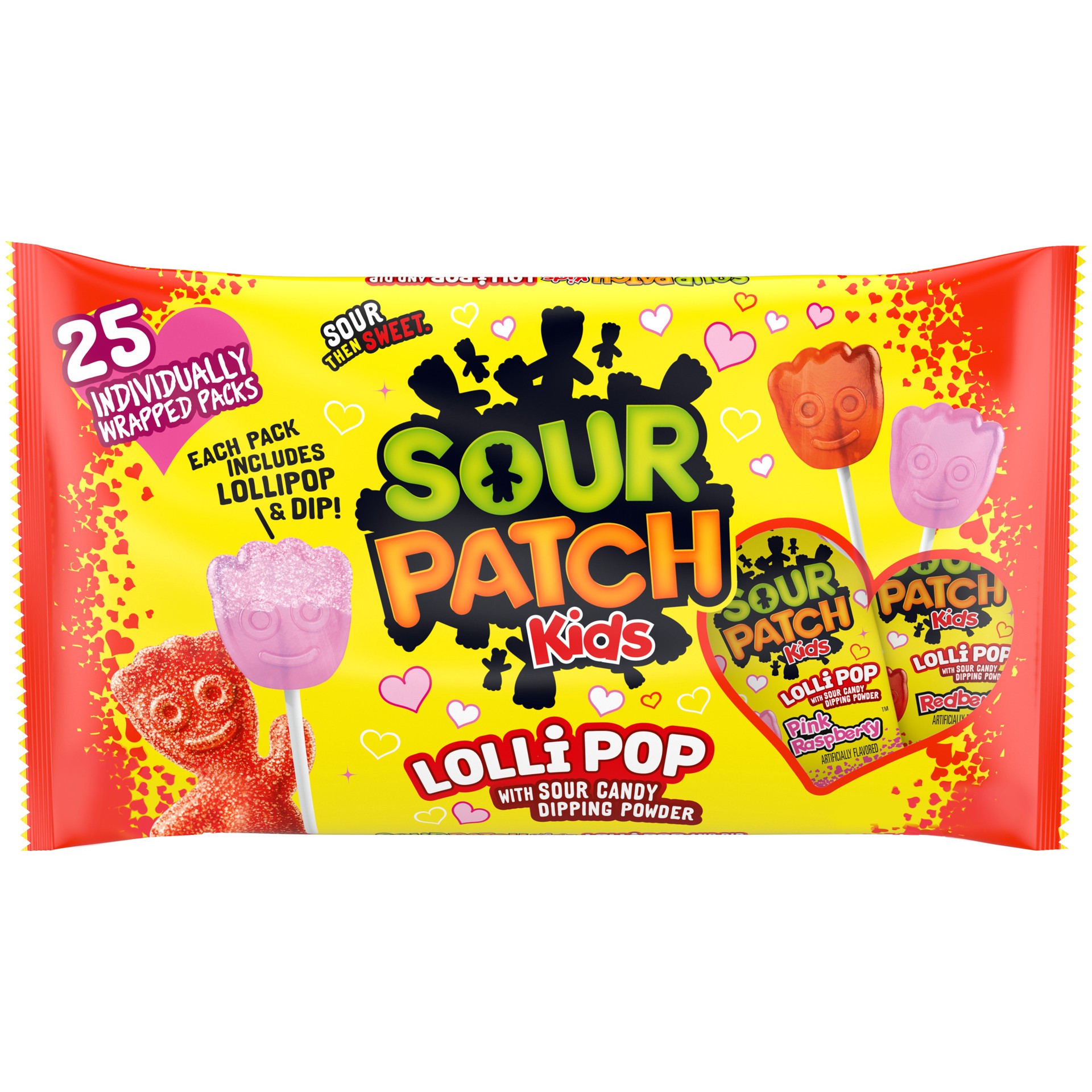 slide 1 of 9, SOUR PATCH KIDS Lollipop with Sour Candy Dipping Powder Valentines Day Candy, 25 Lollipops, 13.23 oz