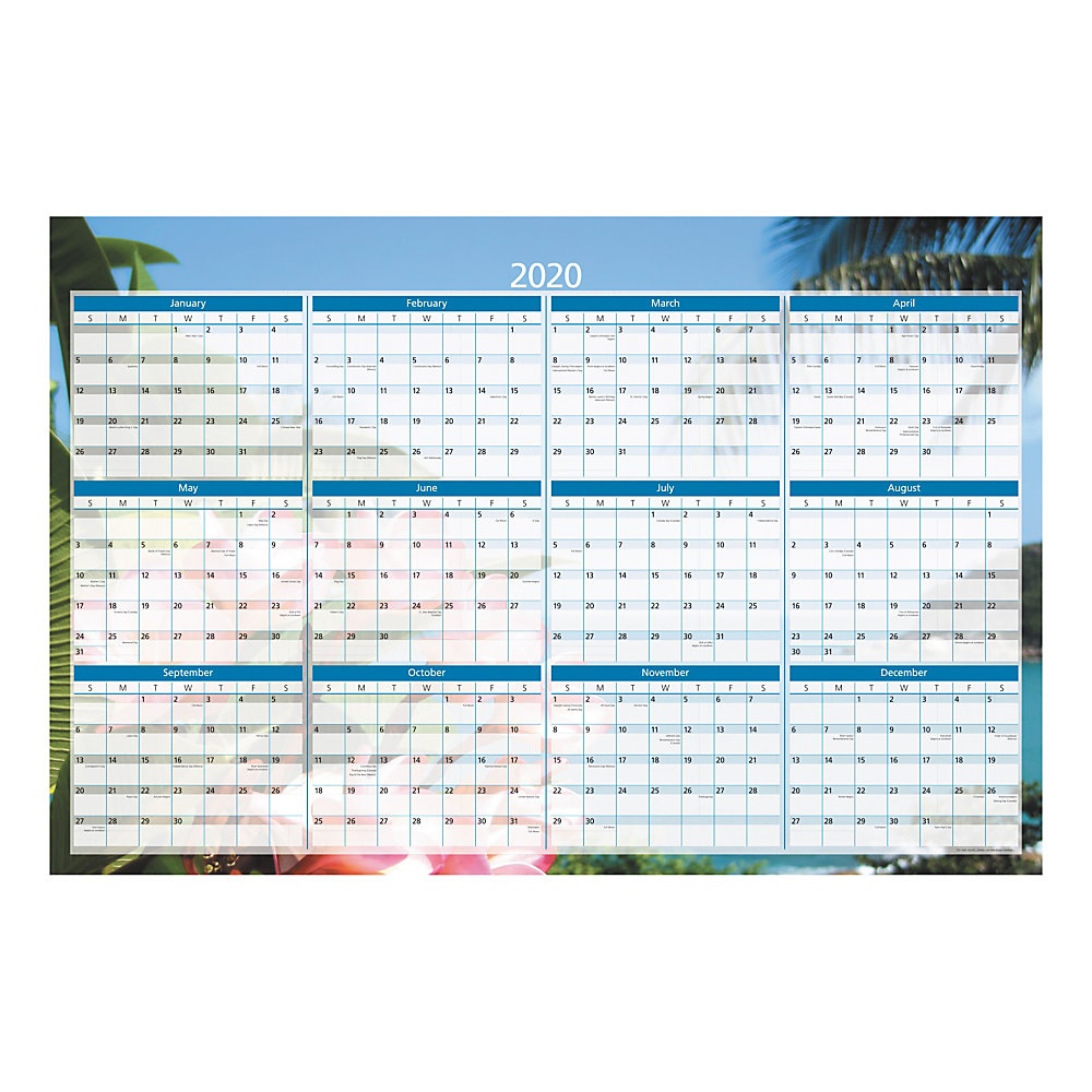 slide 1 of 1, Office Depot Brand Yearly Erasable Wall Calendar, 36'' X 24'', Multicolor, January To December 2020, Od303228, 1 ct