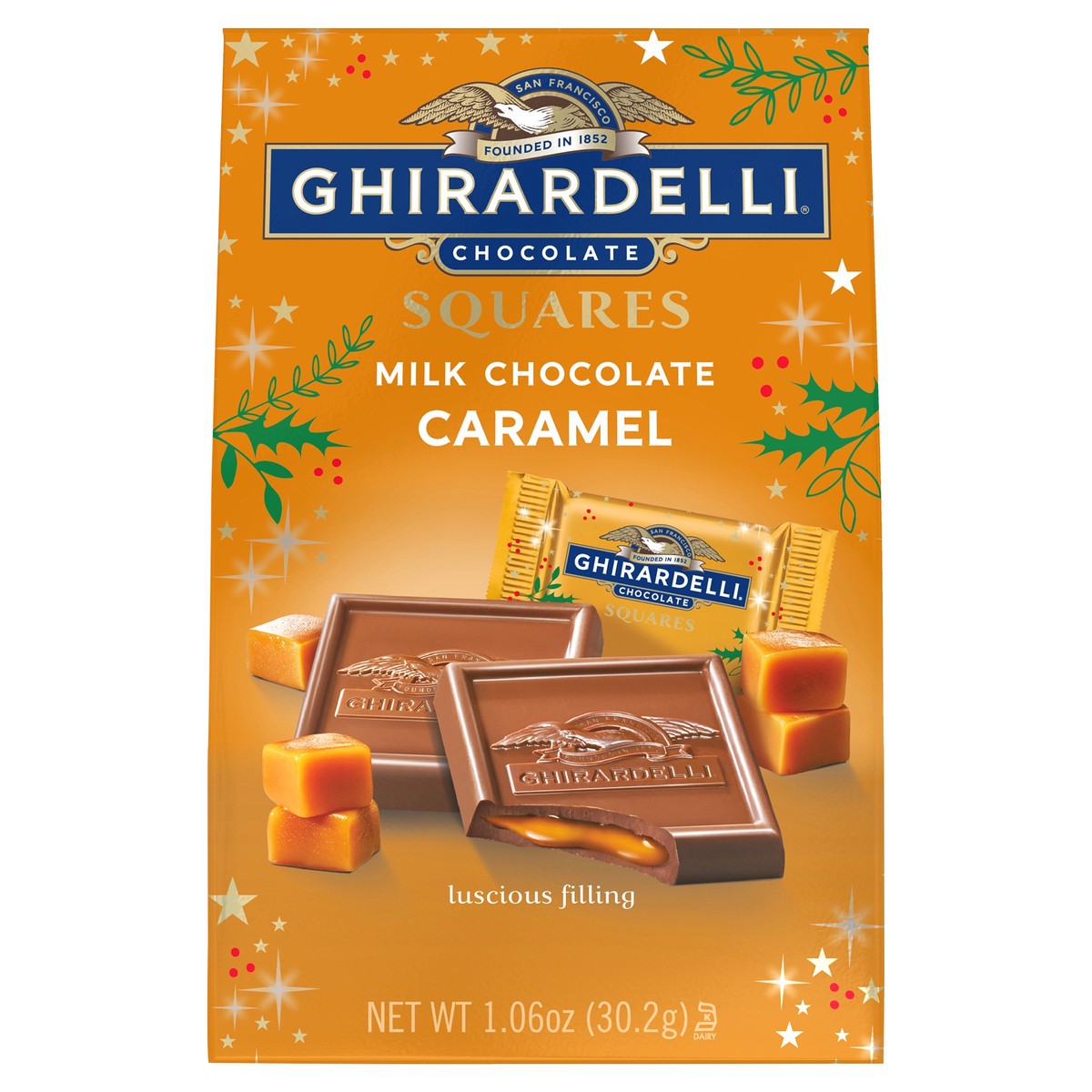 slide 1 of 7, GHIRARDELLI Holiday Milk Chocolate Caramel SQUARES 1.06 OZ Bag, 16 oz