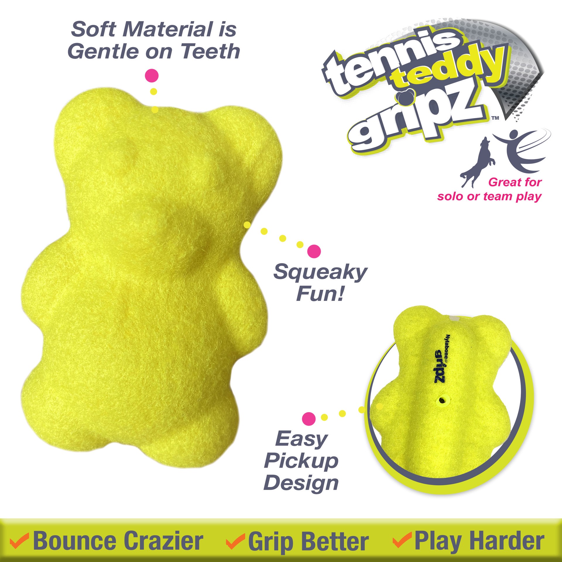slide 7 of 10, Nylabone Tennis Teddy Gripz Squeaky Dog Toy, 1 ct