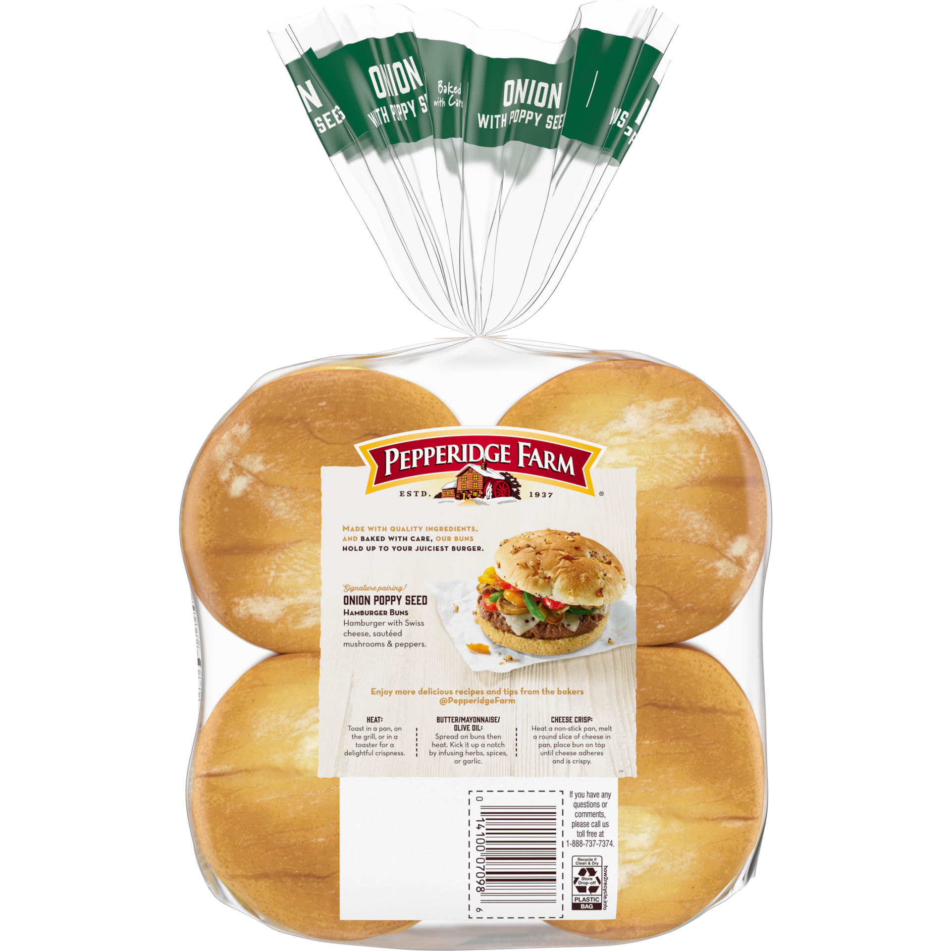 slide 5 of 5, Pepperidge Farm Onion with Poppy Seeds Hamburger Buns, 8-Pack Bag, 8 ct; 15 oz