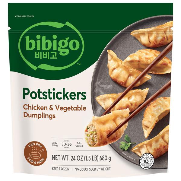 slide 1 of 1, Bibigo Frozen Potstickers Chicken & Vegetable Dumplings, 24 oz