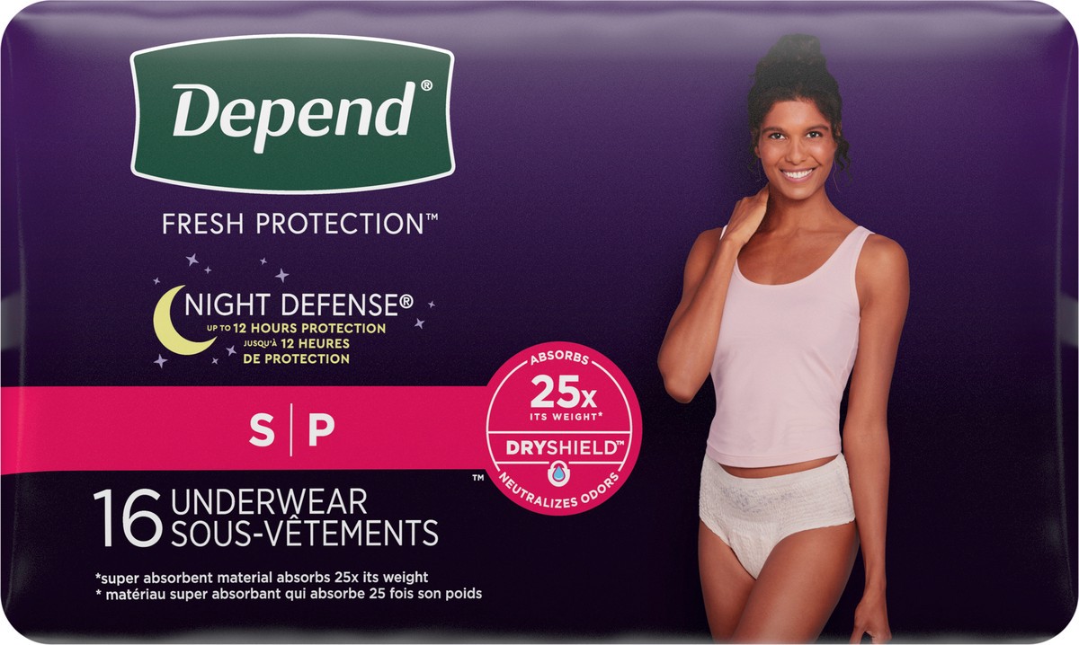 slide 6 of 9, Depend Night Defense Adult Incontinence Underwear for Women, Disposable, Overnight, Small, Blush, 16 Count (Packaging May Vary), 16 ct