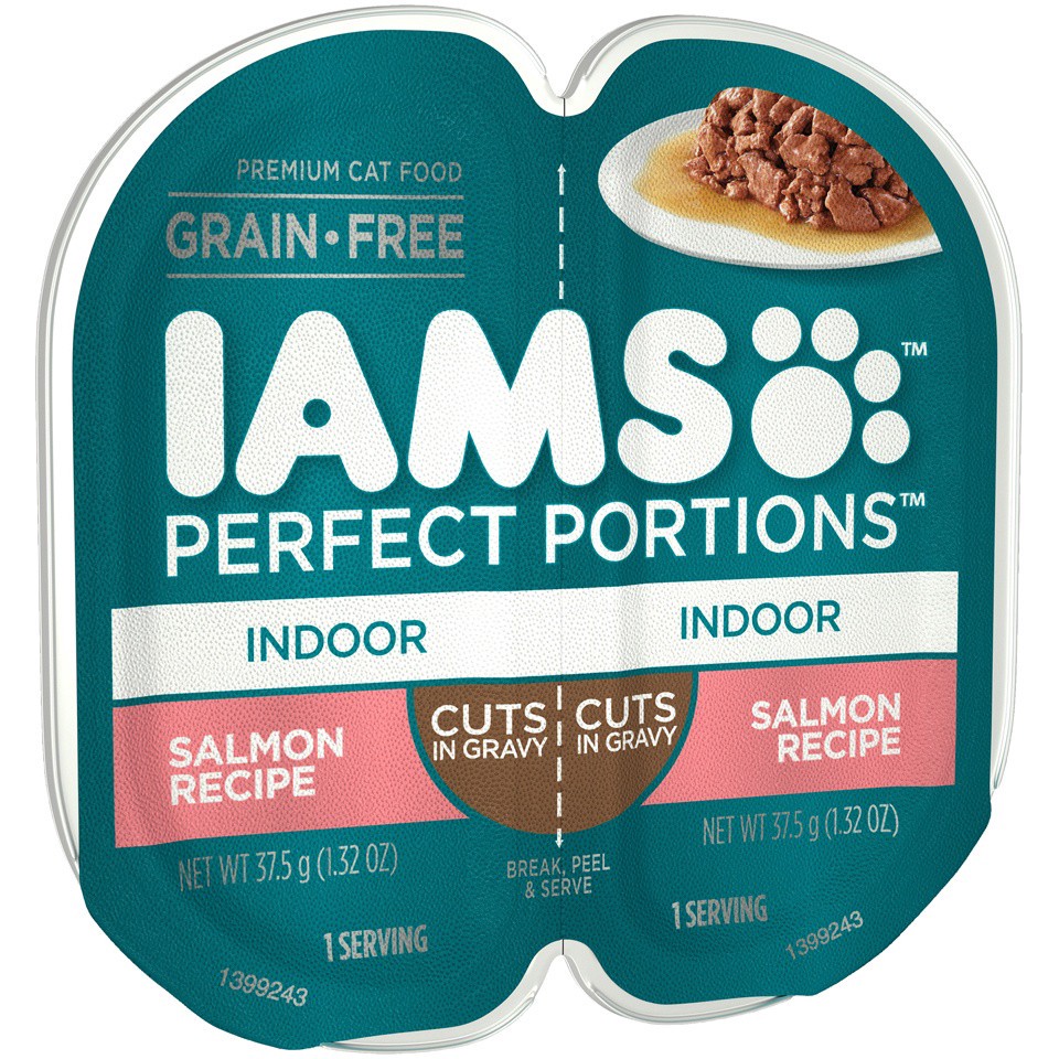 slide 2 of 9, IAMS PERFECT PORTIONS Indoor Adult Grain Free* Wet Cat Food Cuts in Gravy, Salmon Recipe, (24) Easy Peel Twin-Pack Trays, 2.64 oz