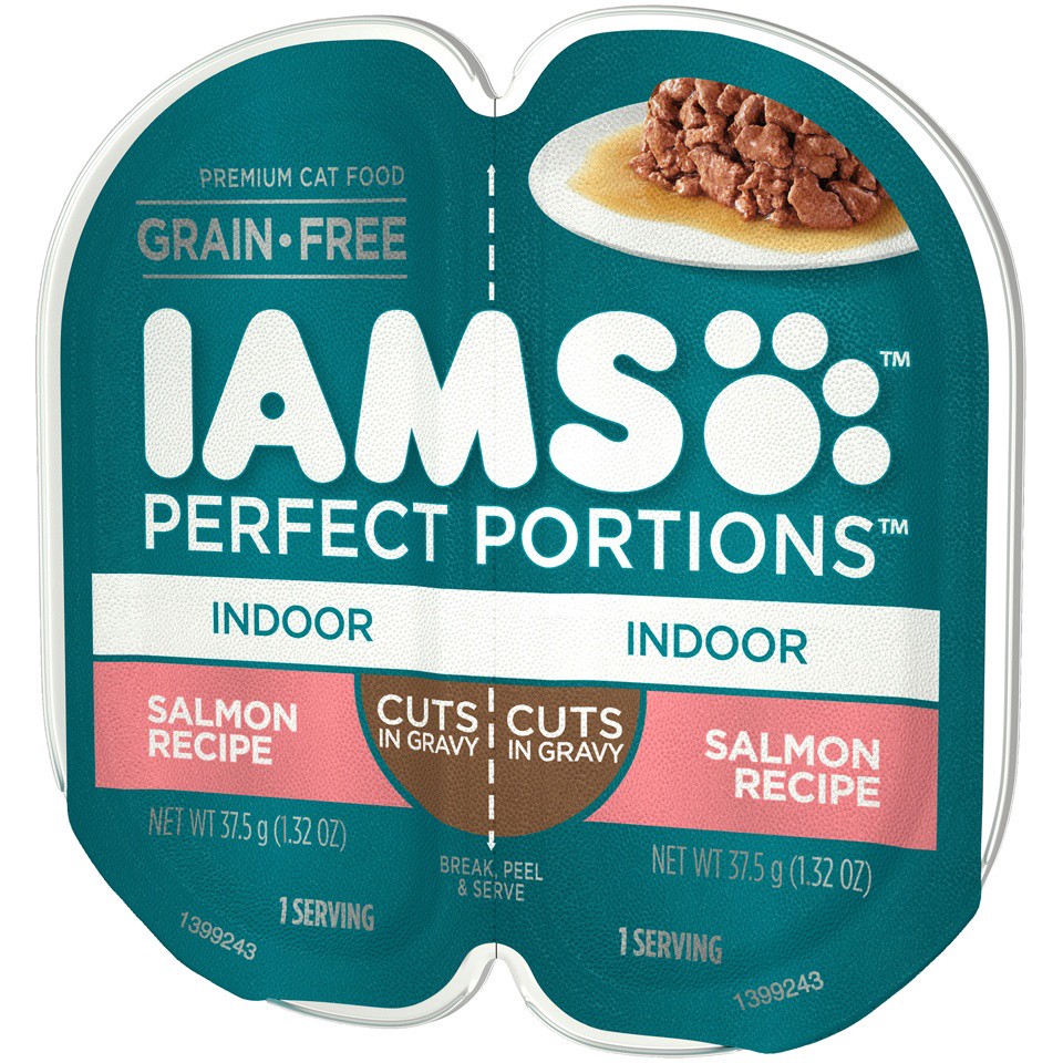 slide 3 of 9, IAMS PERFECT PORTIONS Indoor Adult Grain Free* Wet Cat Food Cuts in Gravy, Salmon Recipe, (24) Easy Peel Twin-Pack Trays, 2.64 oz