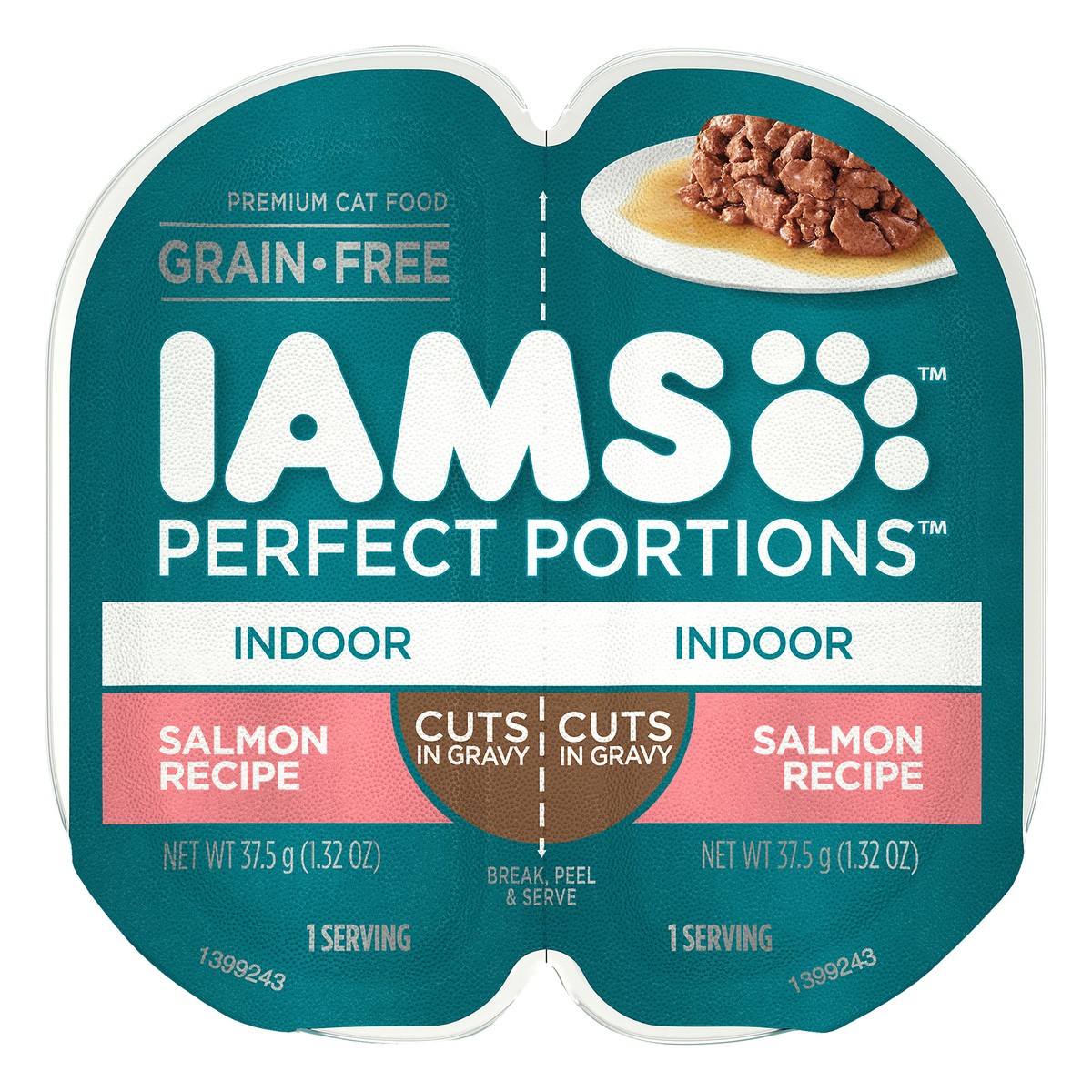 slide 1 of 9, IAMS PERFECT PORTIONS Indoor Adult Grain Free* Wet Cat Food Cuts in Gravy, Salmon Recipe, (24) Easy Peel Twin-Pack Trays, 2.64 oz