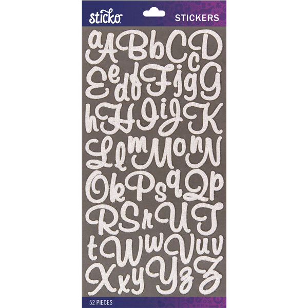 slide 1 of 1, Sticko Stickers White Glitter Mural Script Small Alpha, 52 ct