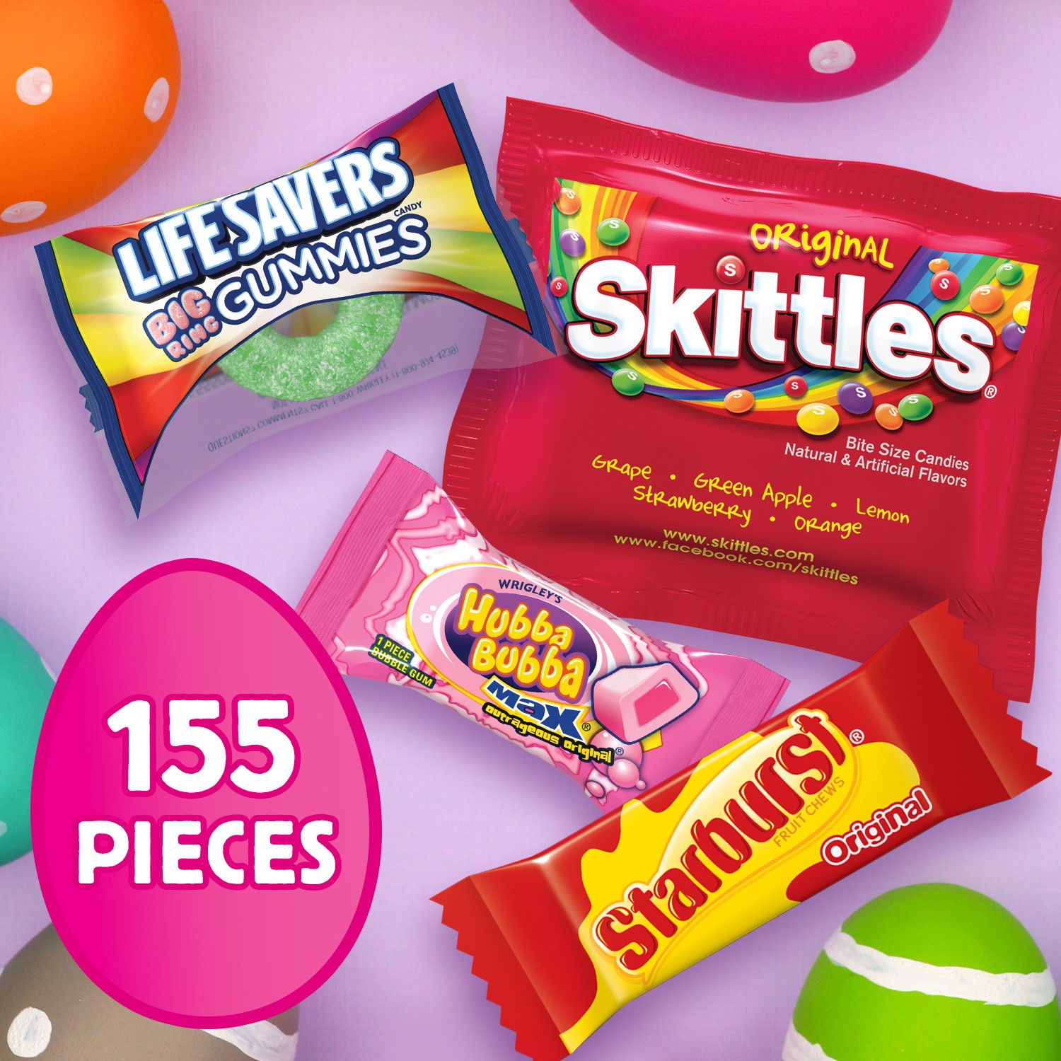 slide 2 of 5, Mixed SKITTLES, STARBURST, LIFE SAVERS, and Hubba Bubba Gum Easter Hunt Mix, 155 Fun Size Pieces, 46.2 ounce, 46.20 oz