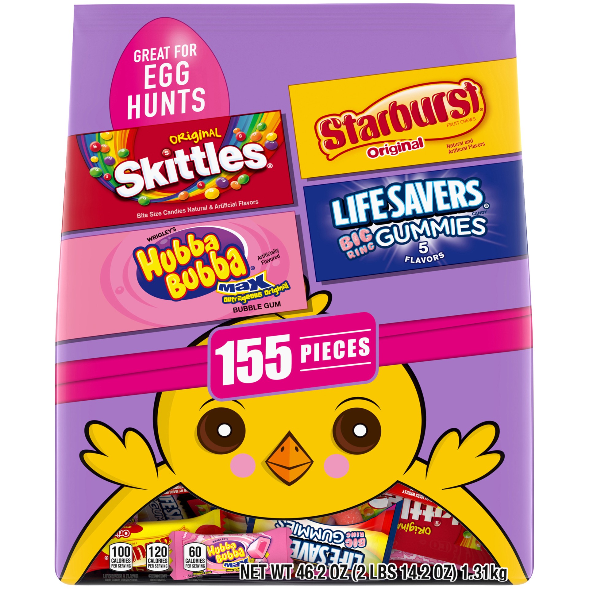 slide 1 of 5, Mixed SKITTLES, STARBURST, LIFE SAVERS, and Hubba Bubba Gum Easter Hunt Mix, 155 Fun Size Pieces, 46.2 ounce, 46.20 oz