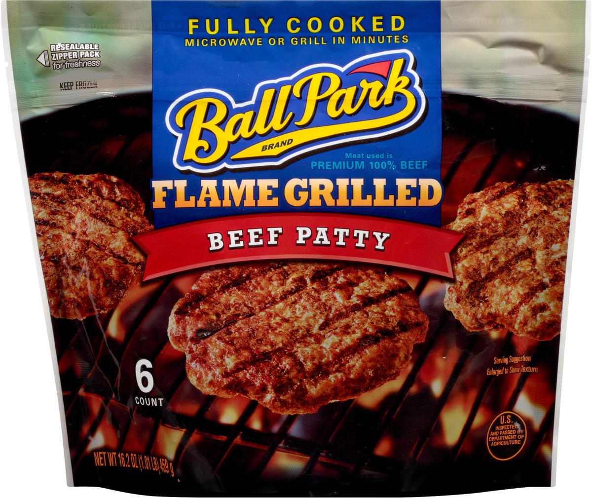 slide 8 of 12, Ball Park Fully-Cooked Flame Grilled Original Beef Patties, 6 Count (Frozen), 16.2 oz