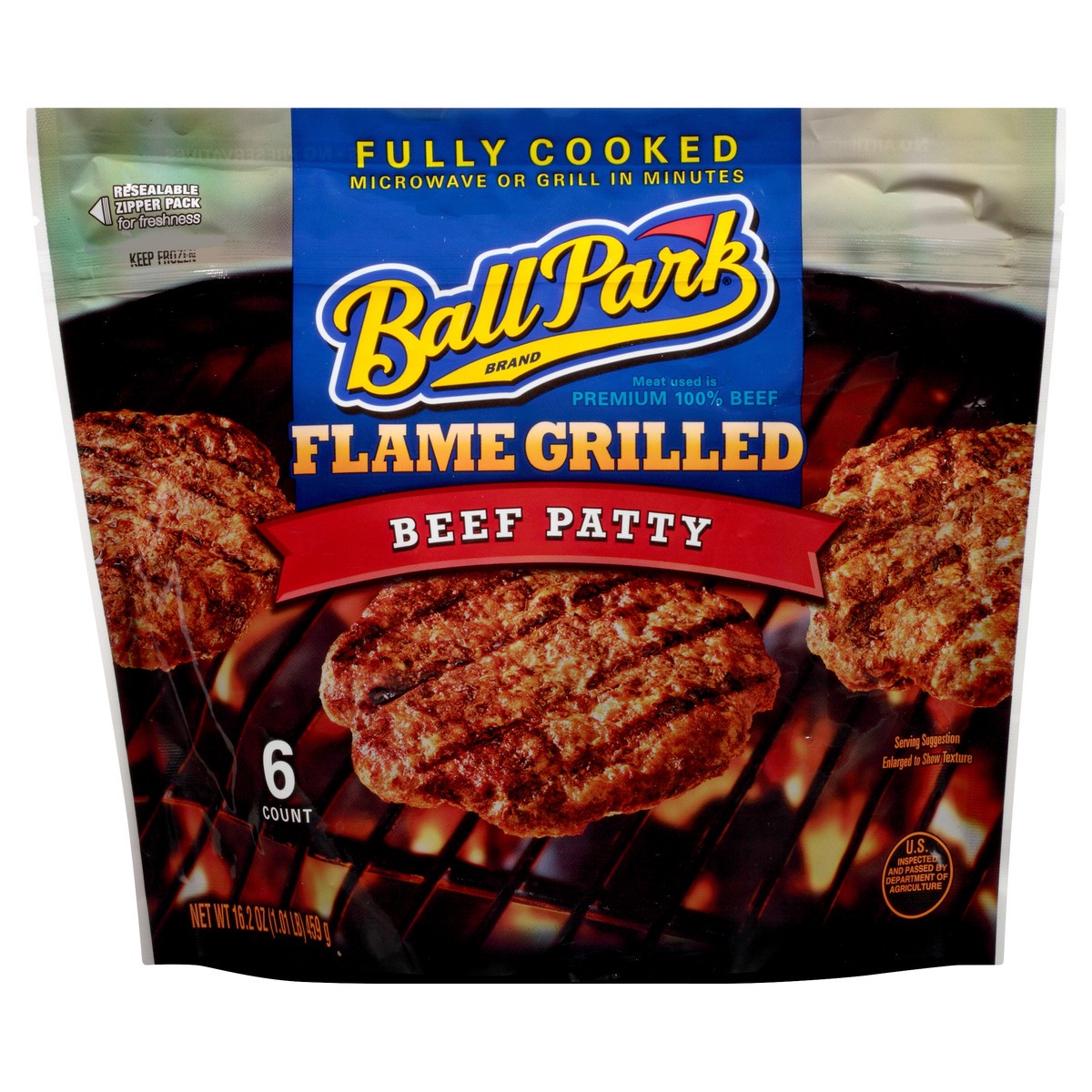slide 11 of 12, Ball Park Fully-Cooked Flame Grilled Original Beef Patties, 6 Count (Frozen), 16.2 oz