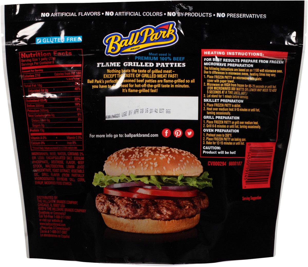 slide 5 of 12, Ball Park Fully-Cooked Flame Grilled Original Beef Patties, 6 Count (Frozen), 16.2 oz