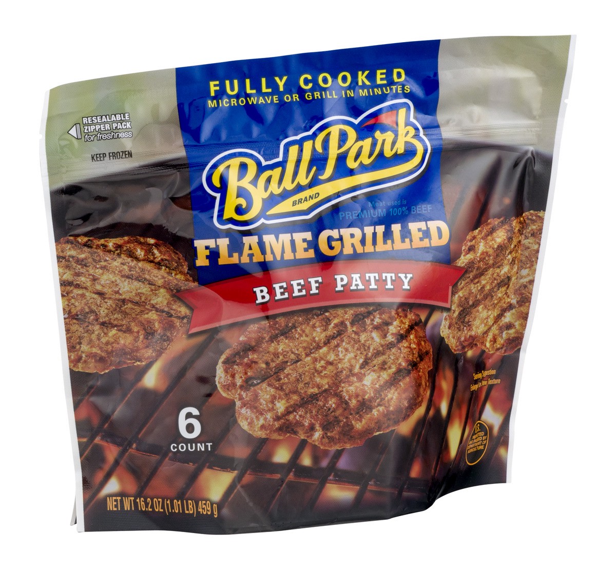slide 10 of 12, Ball Park Fully-Cooked Flame Grilled Original Beef Patties, 6 Count (Frozen), 16.2 oz