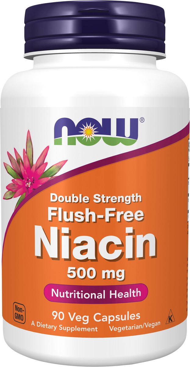 slide 6 of 8, NOW Niacin 500 mg, Double Strength Flush-Free - 90 Veg Capsules, 90 ct