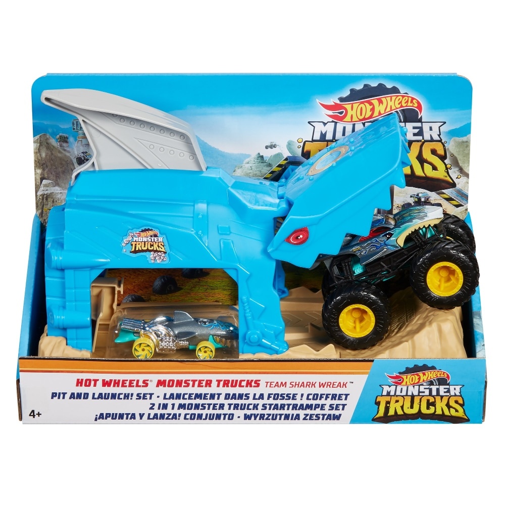 slide 1 of 1, Mattel Hot Wheels Monster Trucks Pit And Launch Shark Wreak Play Set, 1 ct