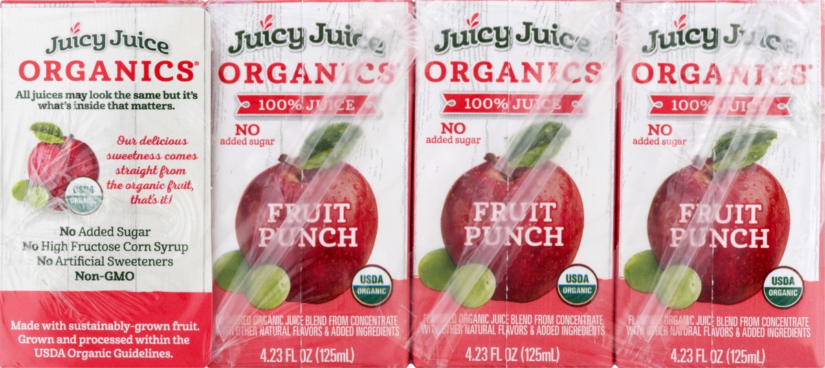 slide 2 of 13, Juicy Juice Organics 100% Juice, Fruit Punch, 8 Count, 4.23 FL OZ Juice Boxes, 4.23 fl oz