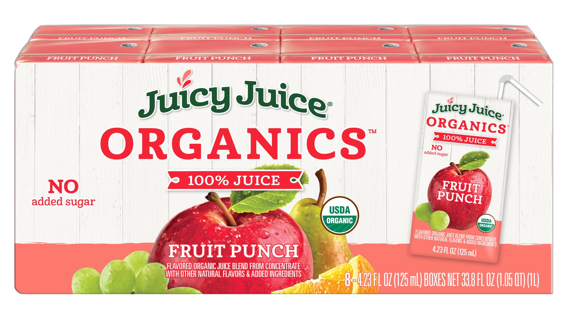 slide 1 of 13, Juicy Juice Organics 100% Juice, Fruit Punch, 8 Count, 4.23 FL OZ Juice Boxes, 4.23 fl oz