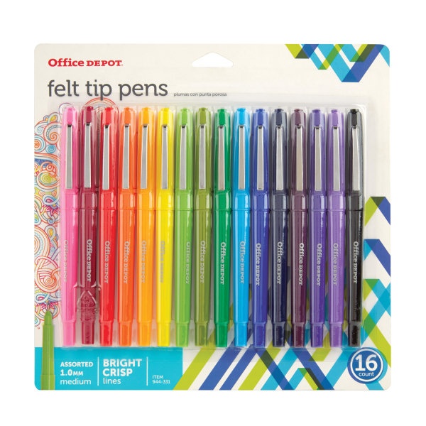 slide 1 of 10, Office Depot Brand Felt-Tip Porous Pens, Medium Point, 1.0 Mm, Assorted Colors, Pack Of 16, 16 ct