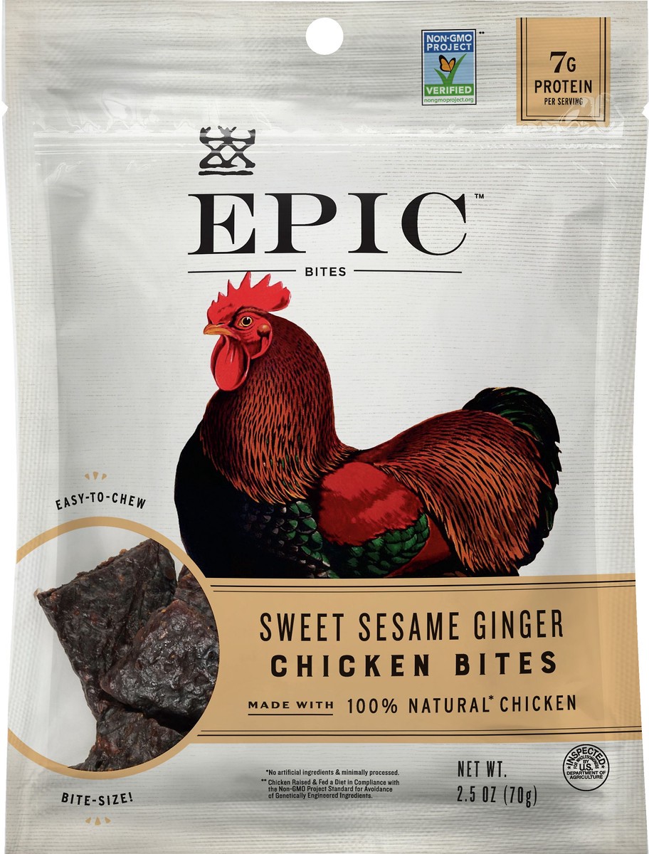 slide 1 of 10, Epic Sesame Ginger Chicken Jerky Bites, 2.5 oz