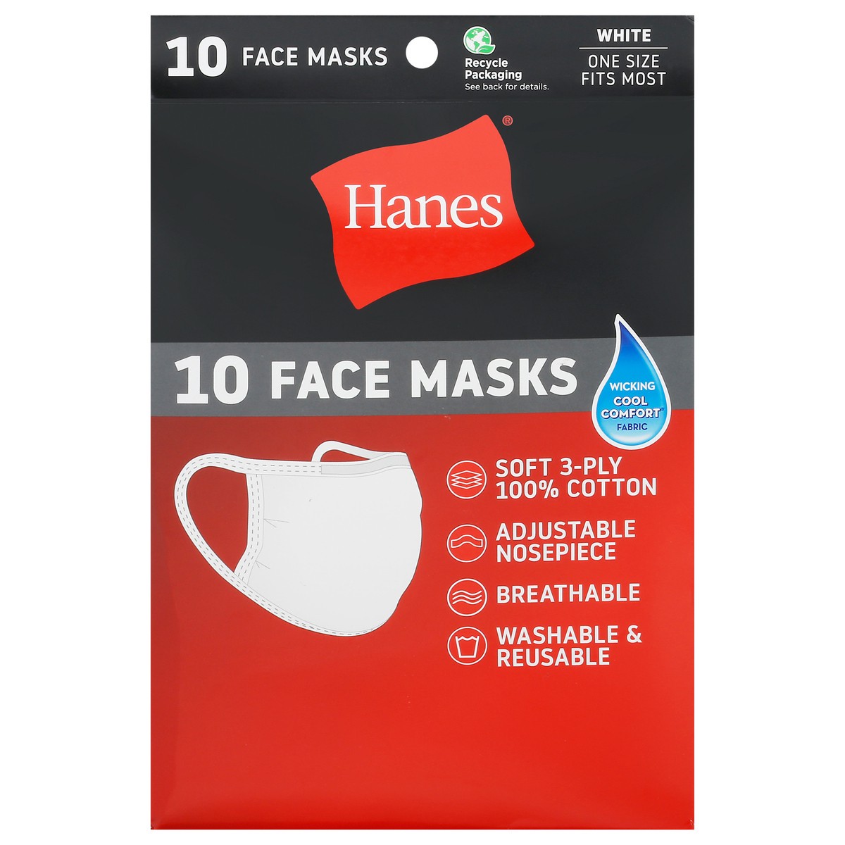 slide 1 of 10, Hanes One Size 3-Ply White Face Masks 10 ea, 10 ct