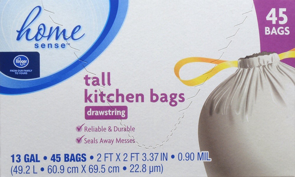 slide 1 of 1, Kroger Home Sense Drawstring Tall Kitchen Bags, 45 ct