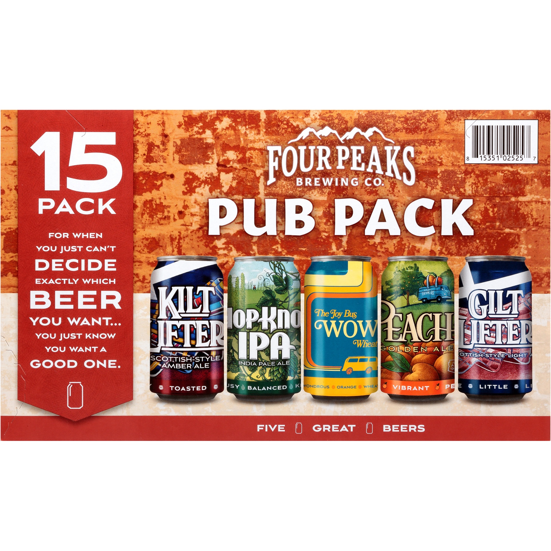 slide 1 of 1, Four Peaks Brewing Co. Kilt Lifter, Hop Knot IPA, The Joy Bus Wow Wheat Ale, Peach Golden Ale & Gilt Lifter Variety Pub Pack, 15 ct; 12 oz