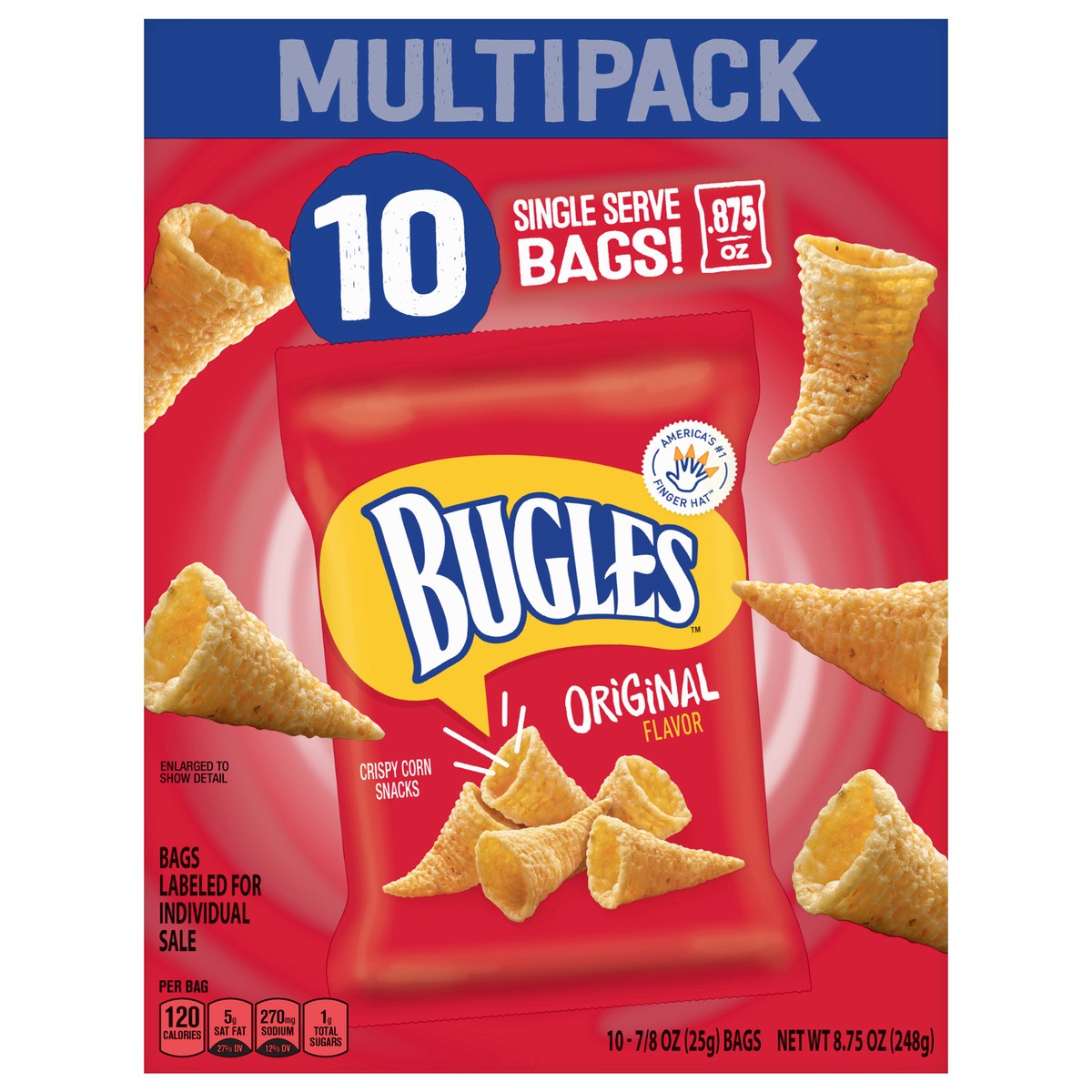 slide 1 of 12, Bugles Crispy Corn Snacks, Original Flavor, Snack Bag, 8.75 oz, 10 ct