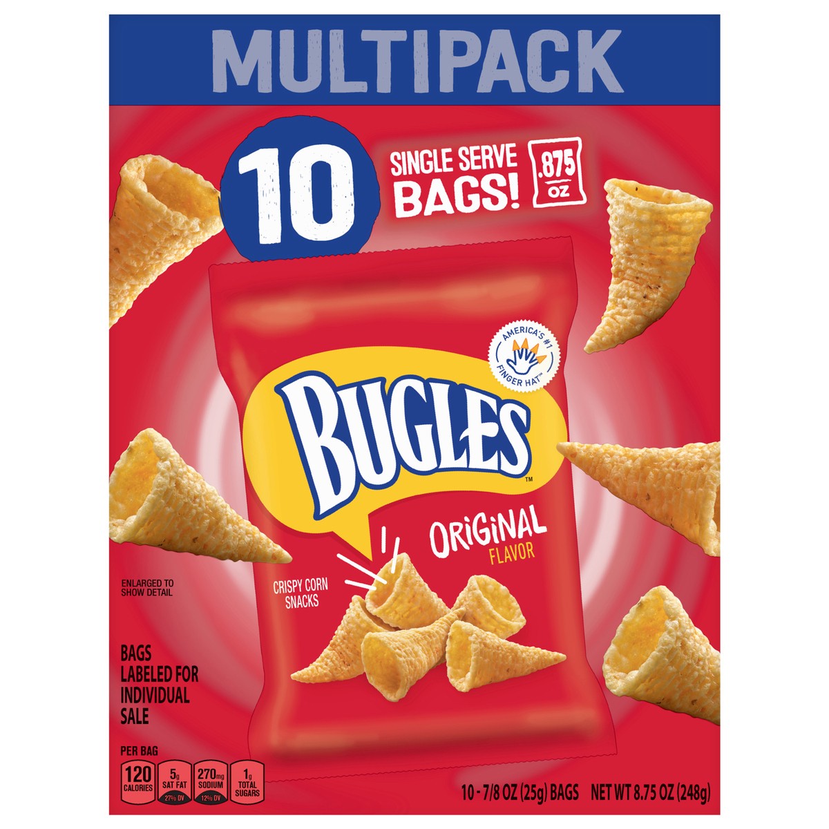 slide 1 of 12, Bugles Crispy Corn Snacks, Original Flavor, Snack Bag, 8.75 oz, 10 ct