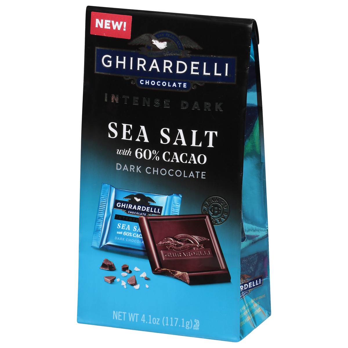 slide 4 of 9, GHIRARDELLI Intense Dark Chocolate Squares, Sea Salt 60% Cacao, 4.1 Oz Bag, 4.1 oz